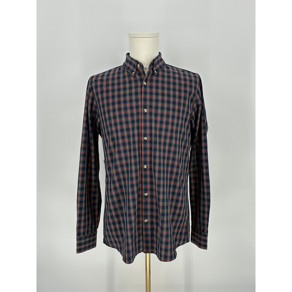 Mizzen+Main Button-Up Shirt Men's L Large Blue Plaid USA Performance Trim Fit